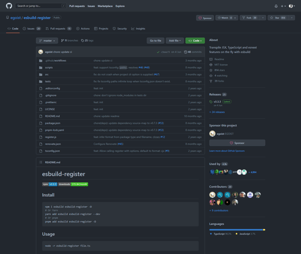 egoist/esbuild-register: Transpile JSX, TypeScript and esnext features on the fly with esbuild
