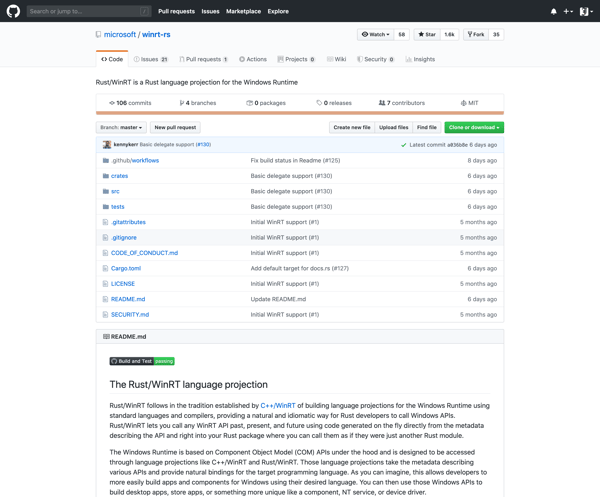 microsoft/winrt-rs: Rust/WinRT is a Rust language projection for the Windows Runtime