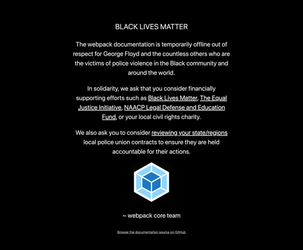 webpack が公式ページを黒塗りに