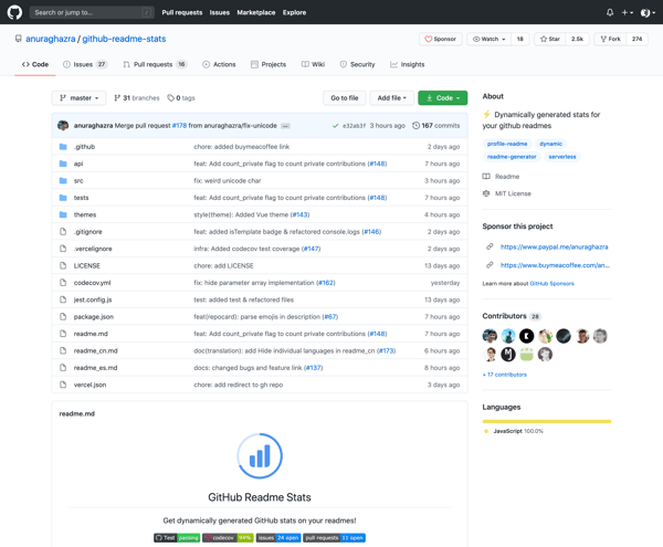anuraghazra/github-readme-stats: Dynamically generated stats for your github readmes
