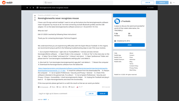 Kensingtonworks never recognizes mouse : Trackballs