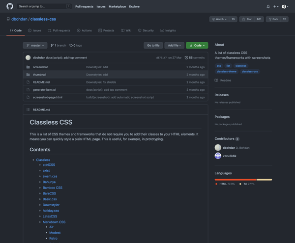 dbohdan/classless-css: A list of classless CSS themes/frameworks with screenshots