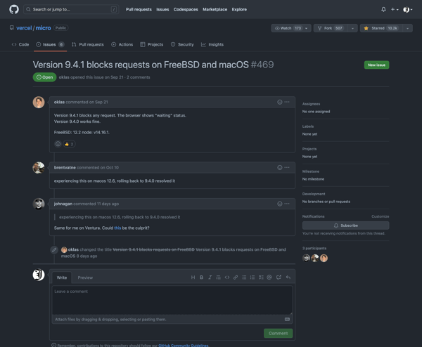 Version 9.4.1 blocks requests on FreeBSD and macOS · Issue #469 · vercel/micro