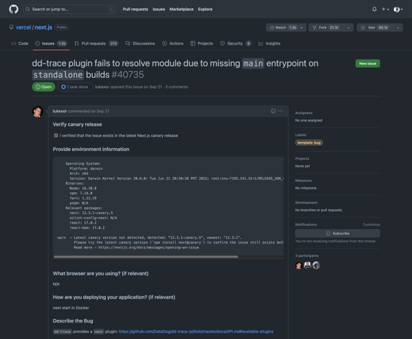 dd-trace plugin fails to resolve module due to missing `main` entrypoint on `standalone` builds · Issue #40735 · vercel/next.js