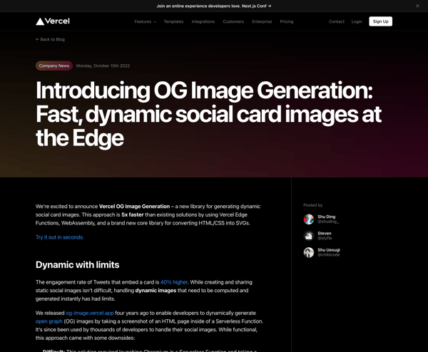 Introducing OG Image Generation: Fast, dynamic social card images at the Edge – Vercel