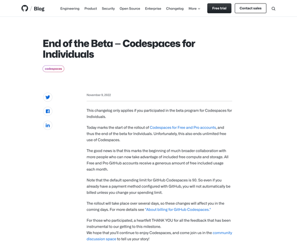 End of the Beta - Codespaces for Individuals | GitHub Changelog