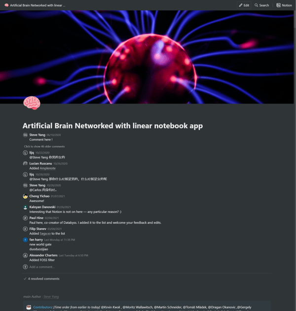 Artificial Brain Networked with linear notebook app
