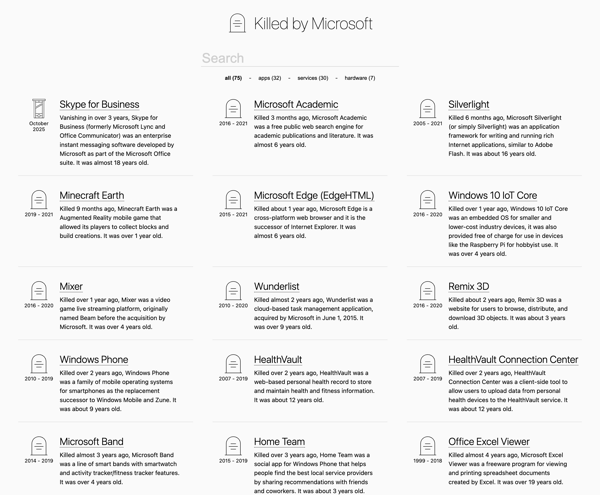 Microsoft Graveyard - Killed by Microsoft