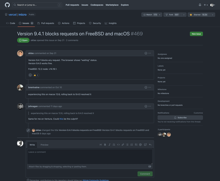 Version 9.4.1 blocks requests on FreeBSD and macOS · Issue #469 · vercel/micro