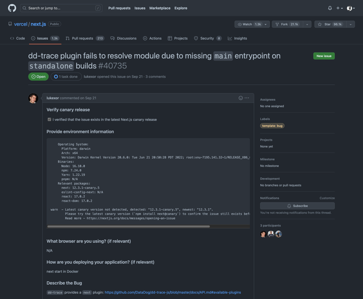 dd-trace plugin fails to resolve module due to missing `main` entrypoint on `standalone` builds · Issue #40735 · vercel/next.js
